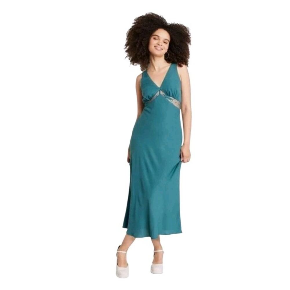 Wild Fable Women's Teal Blue Green Midi Maxi Slip Dress Size M Babydoll Milkmaid